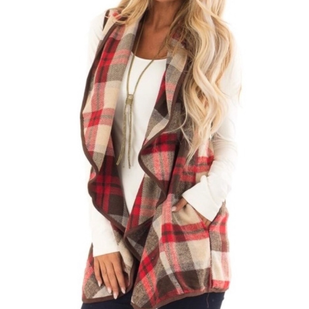 ETWO Red Plaid 90% Wool Sleeveless Open Front Waterfall Size Small